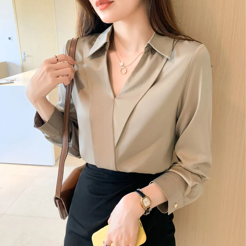 2024 Spring Fashion Solid V-neck Chiffon Blouses Women Clothing Soft Loose Commuting Casual Shirt Top Chiffon V-neck Pullovers