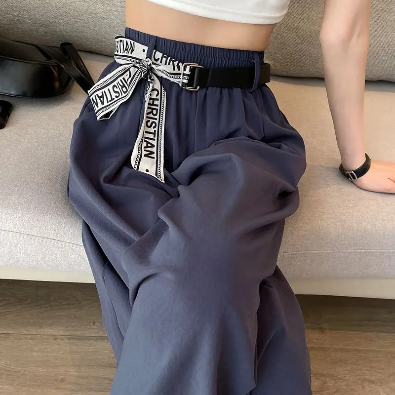 Cropped Pants Loose Korean Style Female Pants Solid Color Casual Slim Elastic Waist Fashion Women Wide Leg Pants Black Pants