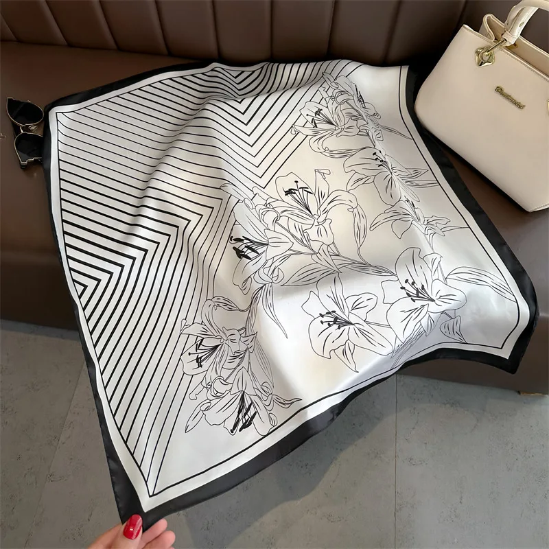Women's Spring Summer Soft Satin Imitation Silk Square Scarf Breathable Floral Print Wrap Neck Scarf with New Stripe Design view 6
