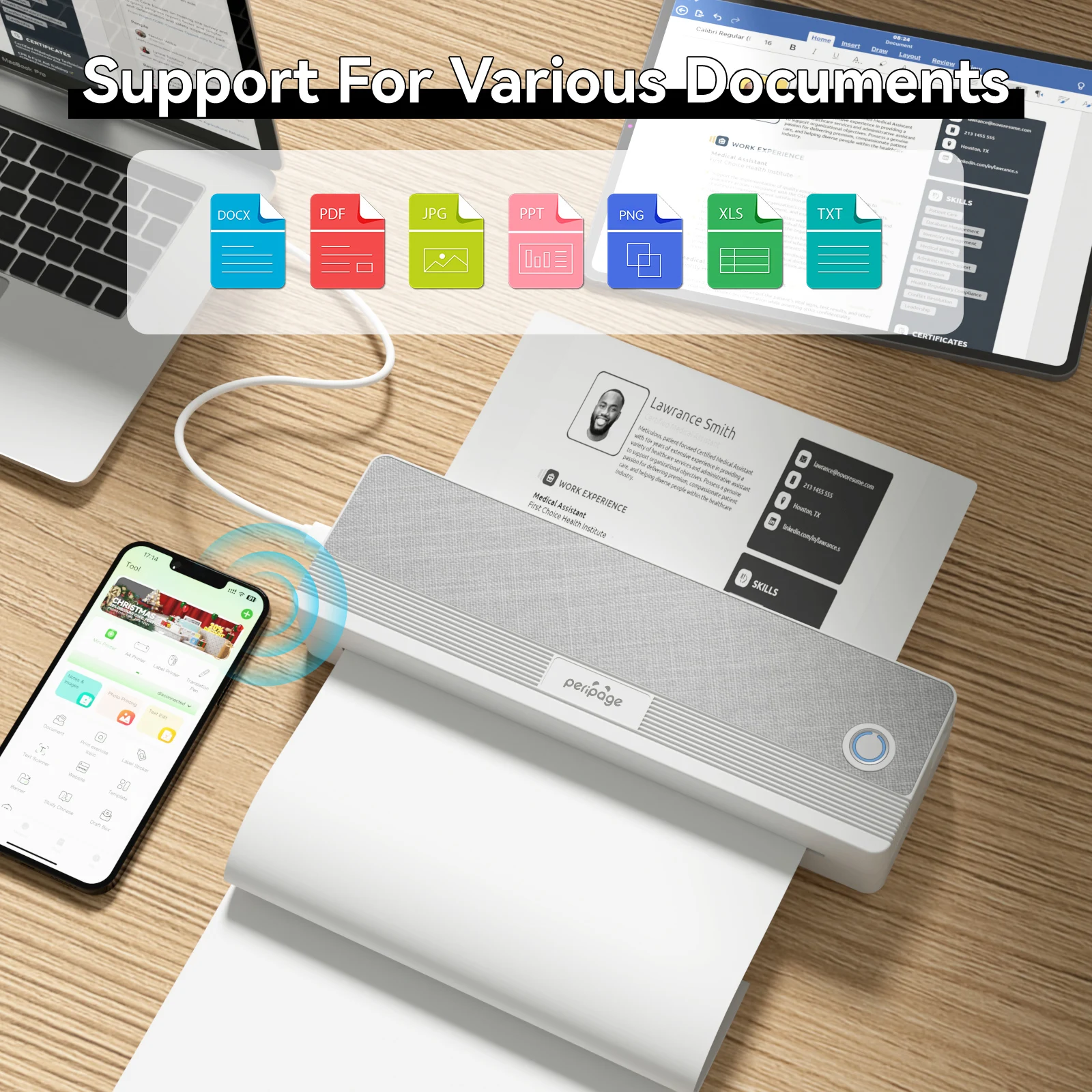 طابعة PeriPage P81 A4 طابعة محمولة لاسلكية حرارية تعمل بالبلوتوث USB آلة حرارية متنقلة PDF وثيقة طابعة مكتب الصور