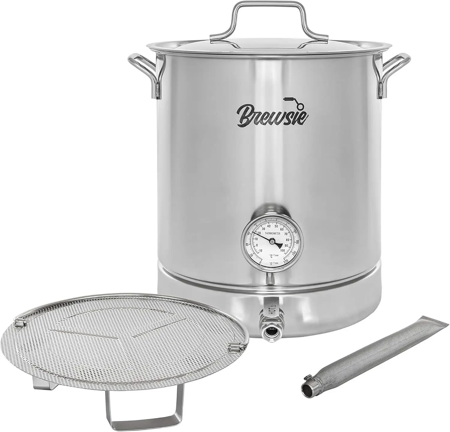 

Stainless Steel Home Brew Kettle w/Dual Filtration. Equip with False Bottom Thermometer and Ball Valve for Brewing (16 G