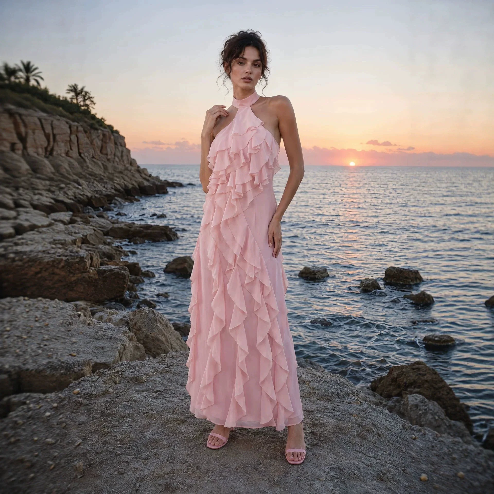 Pink Sexy Backless Halter Dress Sleeveless Off-Shoulder Multi-Layer Ruffles Slim Fit for Beach Holiday Evening Party Club