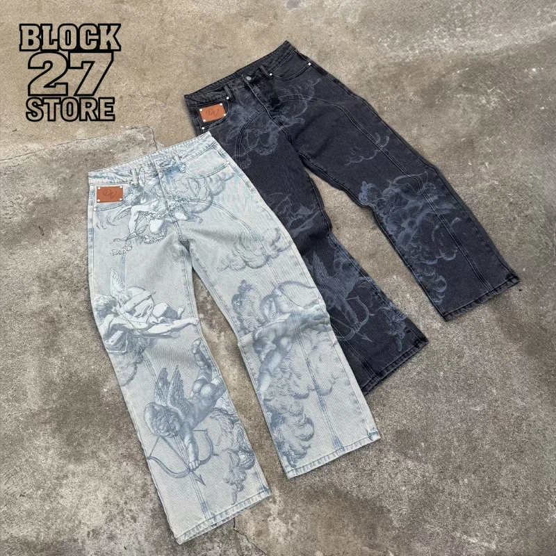 

Мужские джинсы Harajuku Y2K Angel Baggy Denim Брюки Ретро High Street Стрелка Принт Свободный Прямой Крой Американский Хип-Хоп Уличная Одежда Новый