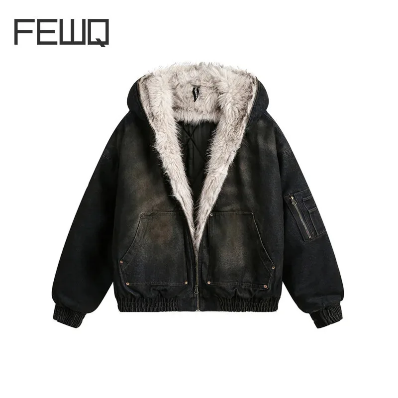 FEWQ Men\'s Padded Jackets New Fashion Denim Fleece Hooded Worn-out Zipper Patchwork Loose Winter Male Clothing Stylish CPG2406