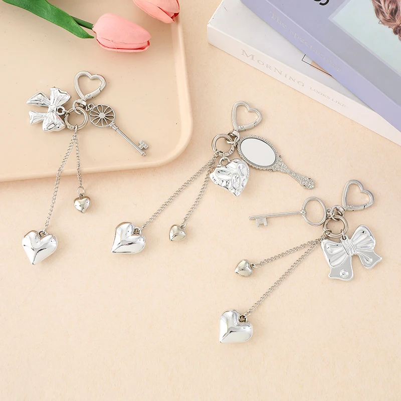 Simple Versatile Bowknot Heart Keychain For Women Sweet Fashion Charm Key Ring Exquisite Backpack Decoration Accessories Gifts