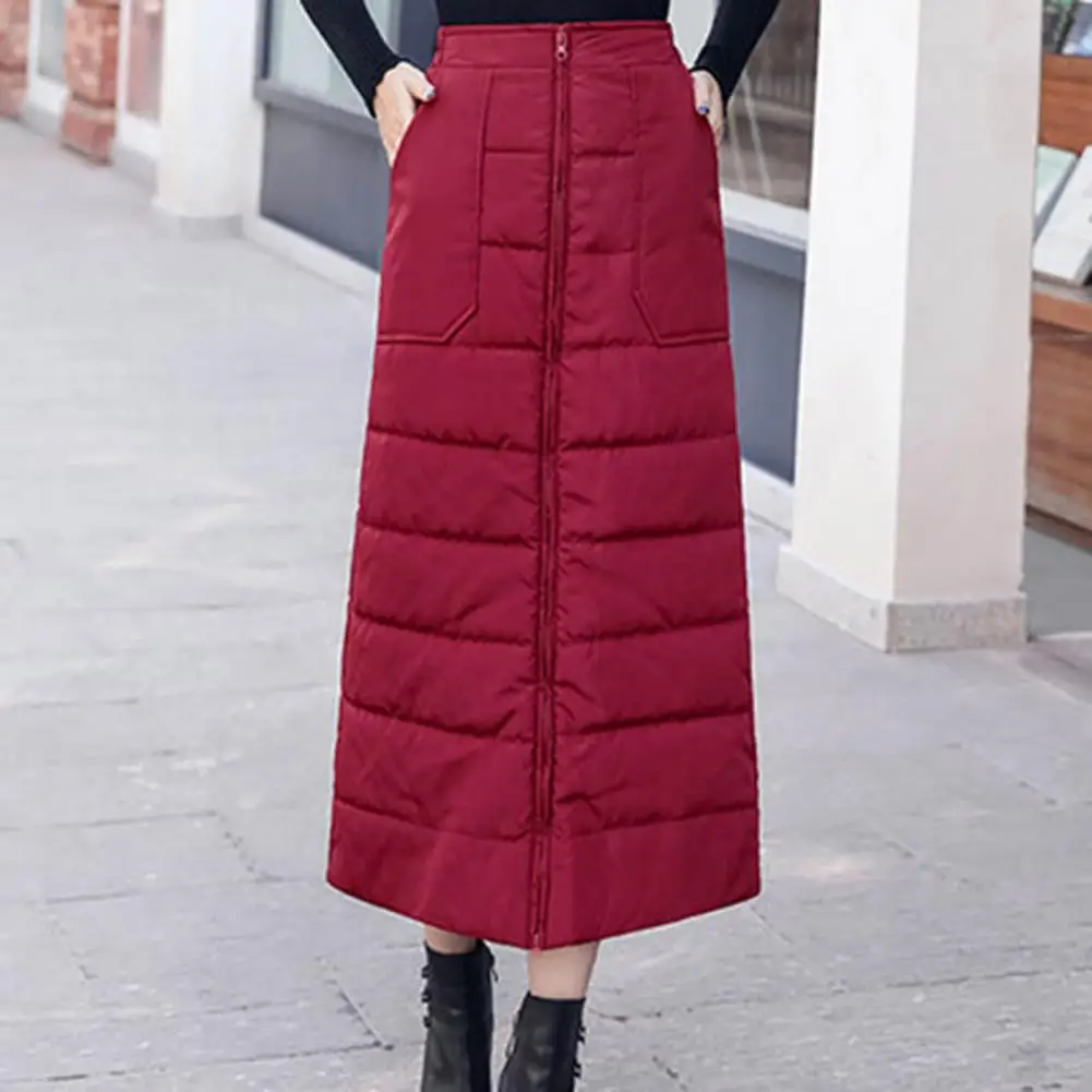 Down Cotton Commuting Skirt Thickened Winter Skirt Windproof High Waist Down Skirt with Pockets for Women Thick Padded Resistant