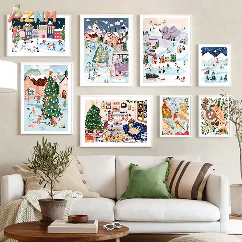 Winter Village Apartments Art Print Holiday Christmas Watercolor Canvas Painting Wall Art Picture Poster for Living Room Decor