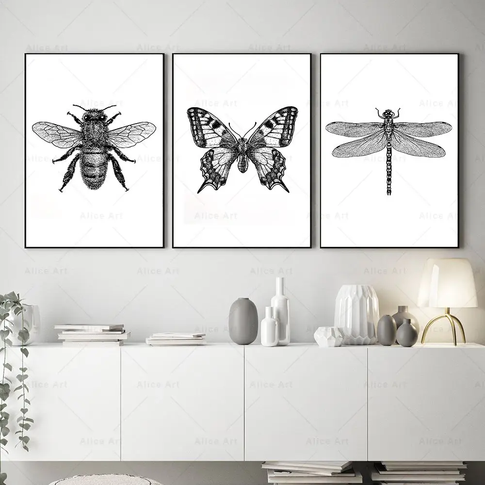 Insect Poster Black And White Bug Print Ladybug Beetle Dragonfly Butterfly Wall Art Canvas Painting Picture Kids Room Home Decor