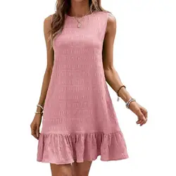 Women Fashion O-neck Solid Sleeveless backless Bow Dresses 2025 Summer Streetwear Female Casual Wild Ruffle A-line Mini Dress