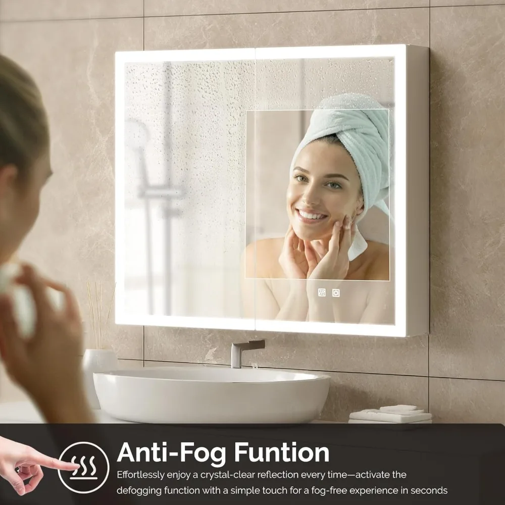 خزانة طبية مضاءة مع مرآة حمام، خزانة طبية مثبتة على الحائط مع أضواء تخزين LED لشحن ثابتة