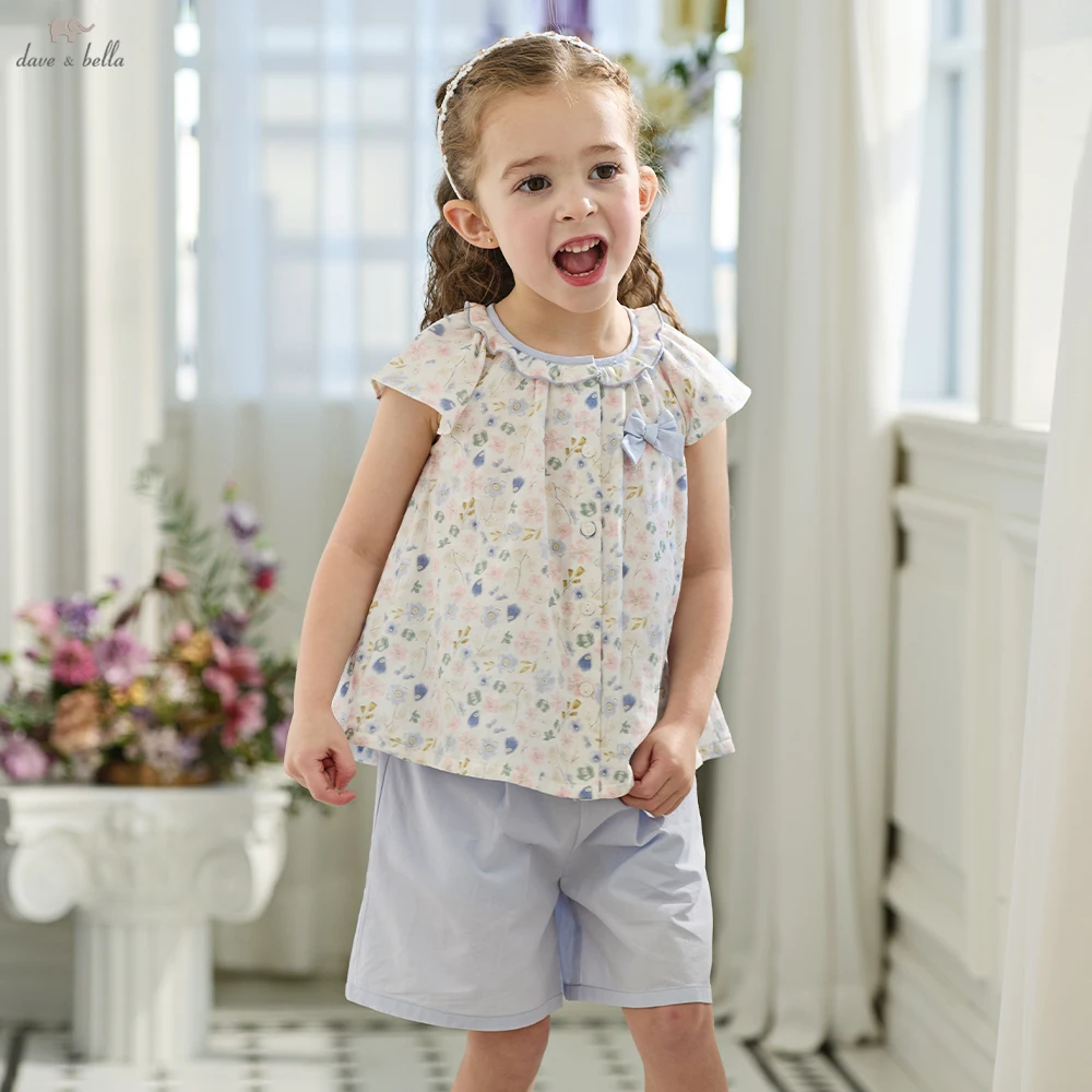 

Летний комплект из 2 предметов для девочек Dave Bella: блузка с коротким рукавом и шорты с цветочным принтом, детские топы и брюки, наборы одежды DB2261885