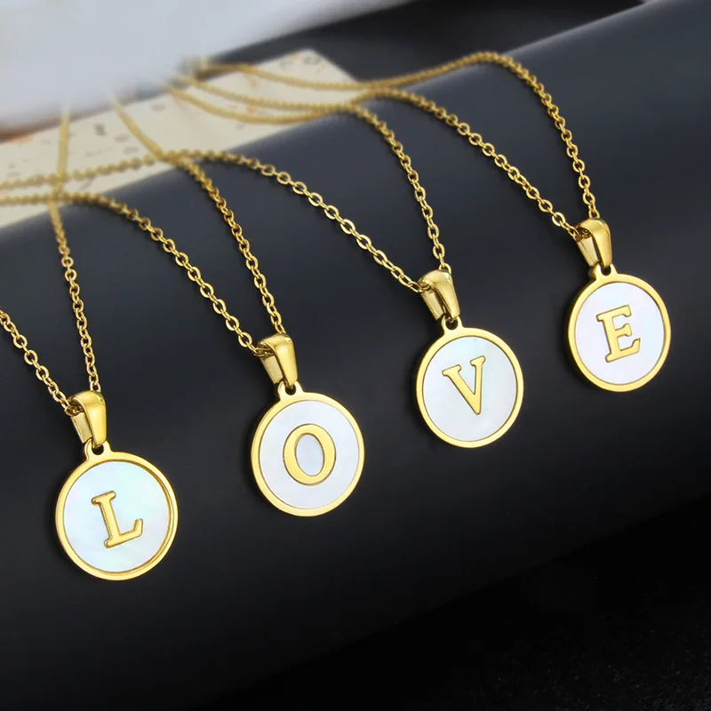 Initial Letter Necklaces for Women Trendy Stainless Steel Circle Couple Pendant Inlaid Shell Jewelry