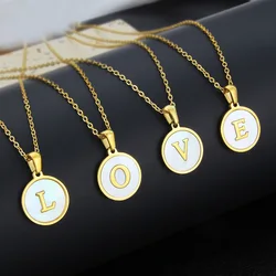 Initial Letter Necklace Trendy Stainless Steel Circle Couple Pendant Inlaid Shell Jewelry for Woman