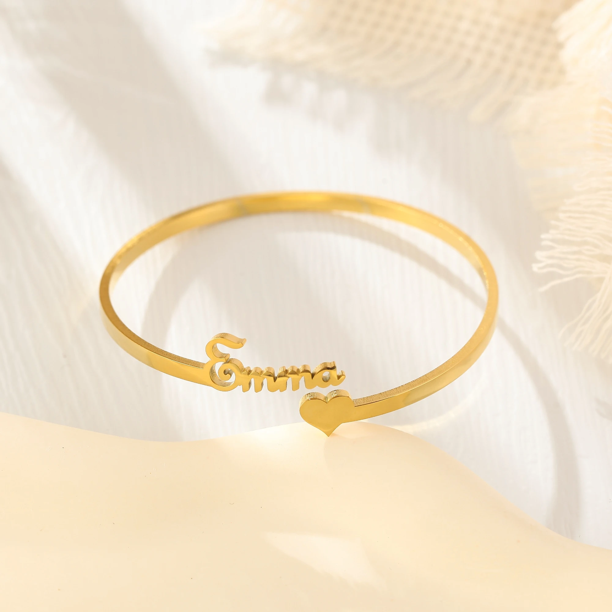Stainless Steel Custom Heart Name Bangle Personalized Text Bracelet Jewelry Adjustable Stainless Steel Cuff Gift For Her