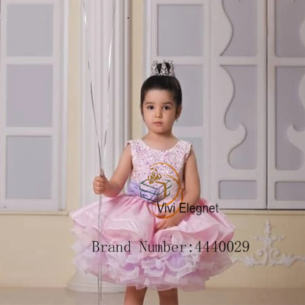 Encantador colher flor menina vestidos com lantejoulas rosa Tutu camadas princesa sem mangas aniversário casamento vestidos فساتين اطفال