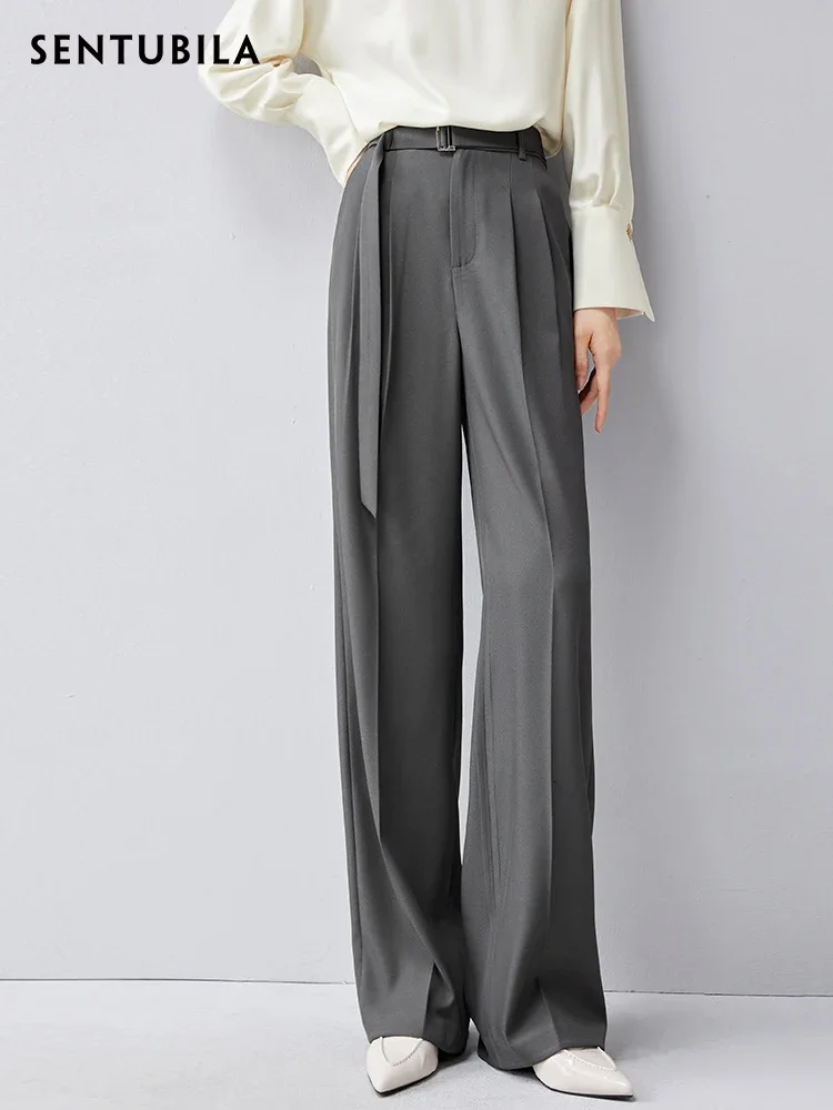 SENTUBILA High Waist Wide Leg Straight Pants Women 2024 Spring Casual Office Straight Suit Pants Pockets Belt Trousers 131K47089