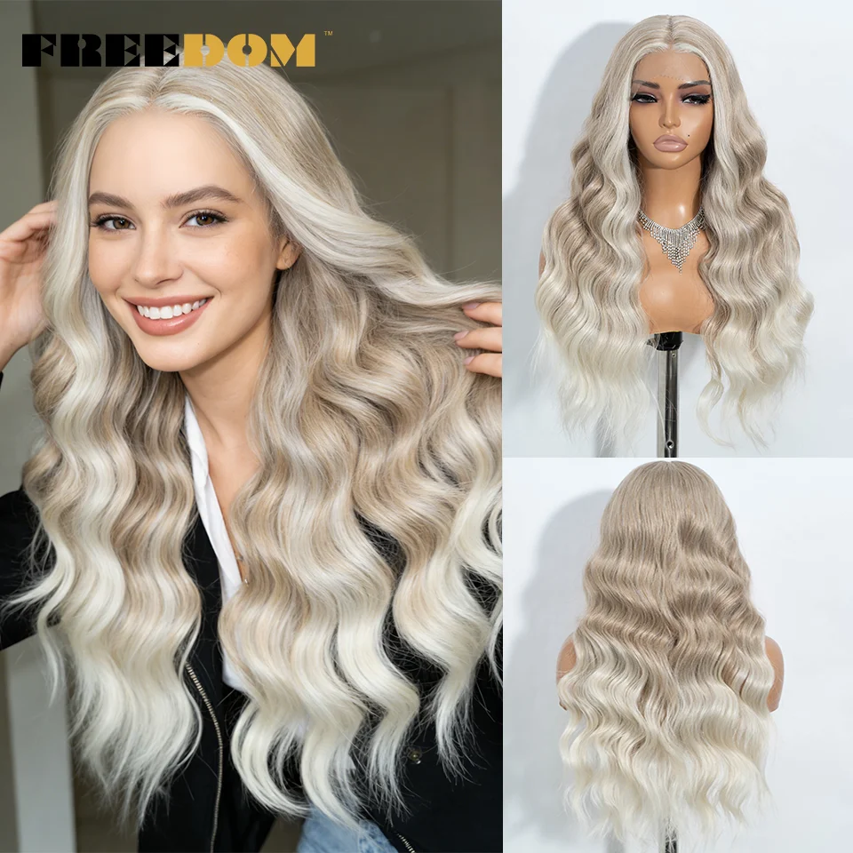 

Синтетические парики с волнистыми прядями FREEDOM Body Wave для женщин, 28 дюймов, длинные волнистые парики с прямым концом, омбре, коричневые, блонд, белые, для косплея.
