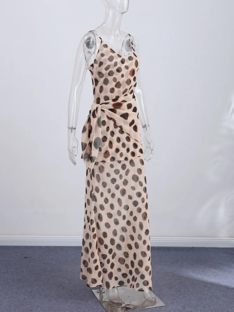 Stilvolles Damen-Maxikleid mit Tierprint, schicker tiefem V-Ausschnitt, Spaghettiträgern, Taillenband, schmal geschnitten, langer Rock, Abendkleid, Partykleid, Club-Outfit – Detail 2