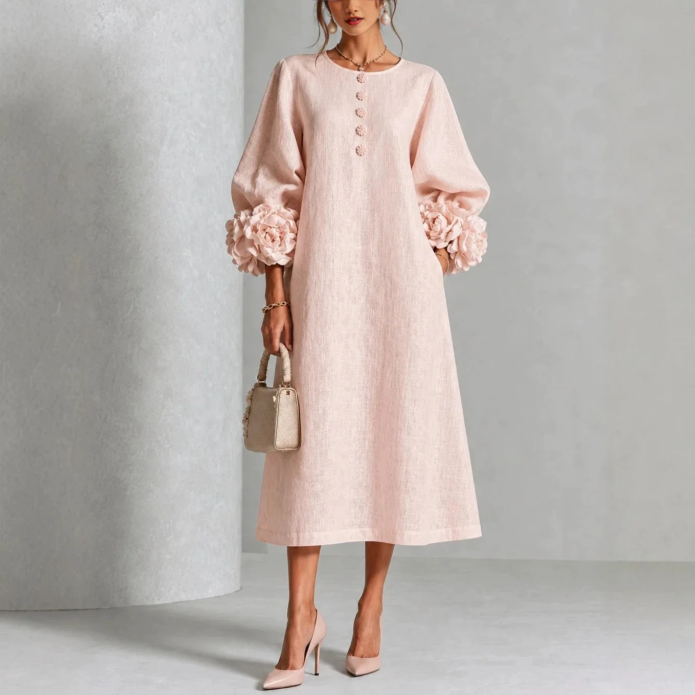 Autumn Elegant Women Linen Dress O Neck 3D Floral Lantern Sleeve Button Loose Straight Long Dress Modest Casual Party Dresses