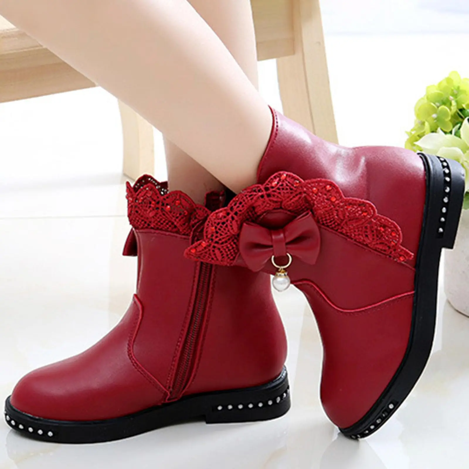 

Children Boots For Girls Autumn Winter Warm Cotton Lace Bow-knot Pearls Pendant Princess Sweet Rubber Boots Snow Boots 27-37 New