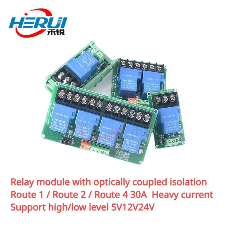 

Relay module with optically coupled isolation Route 1 / Route 2 / Route 4 30A Heavy current Support high/low level 5V12V24V