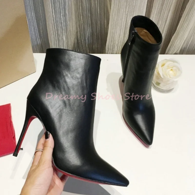 

Black Leather Side Zipper Pointed Mid Calf Boots Women Classic Solid Slip On Ankle Boots Fashion Elegant High Heel Career Shoes