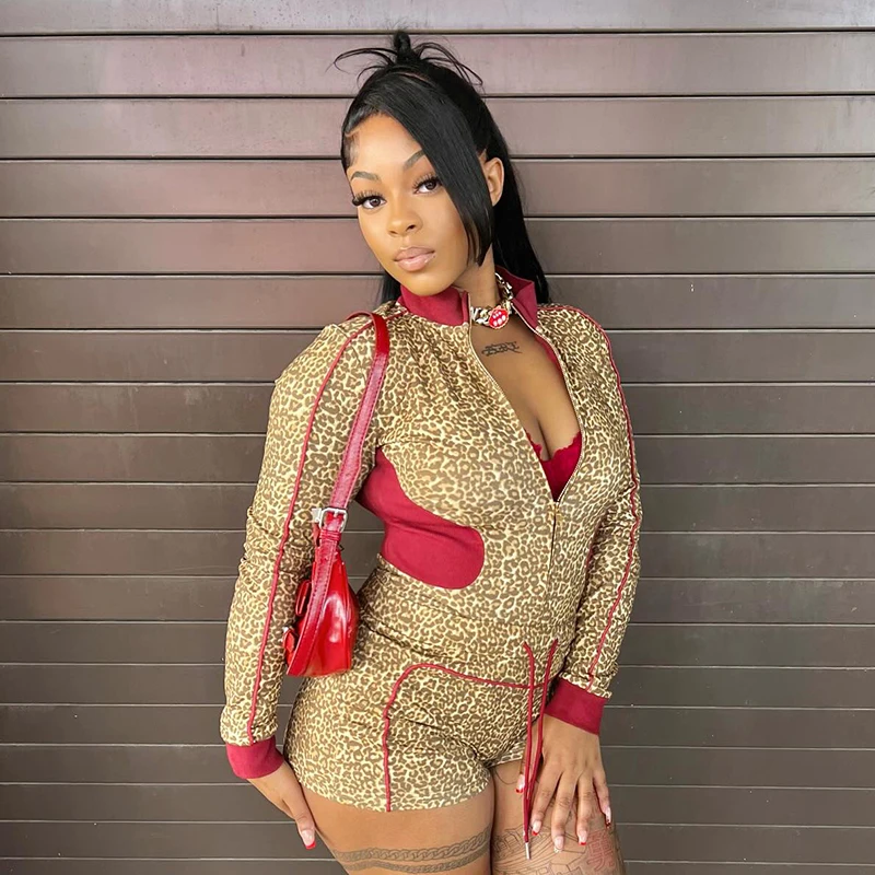 CUTENOVA Set Motif Macan Tutul Wanita Diblokir Warna dengan Atasan Lengan Panjang Ritsleting Kerah Berdiri + Set Pendek Serut Pinggang Tinggi