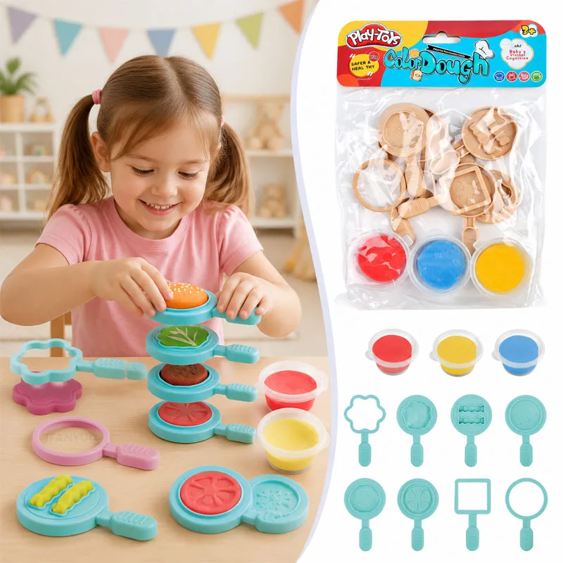 Kids Hamburger Making Kit DIY Food Play Set with Soft Modeling Dough Burger Mold Creative Activity Pretend Kitchen Game Clay Toy