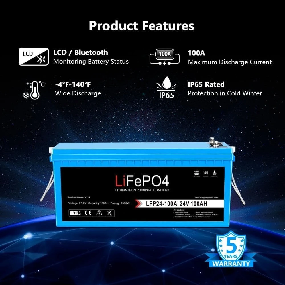 100AH 24V LiFePO4 Battery Built-in 100A BMS, 2560Wh Power, 4000+ Deep Cycles Lithium Battery with Buletooth,Self Heating