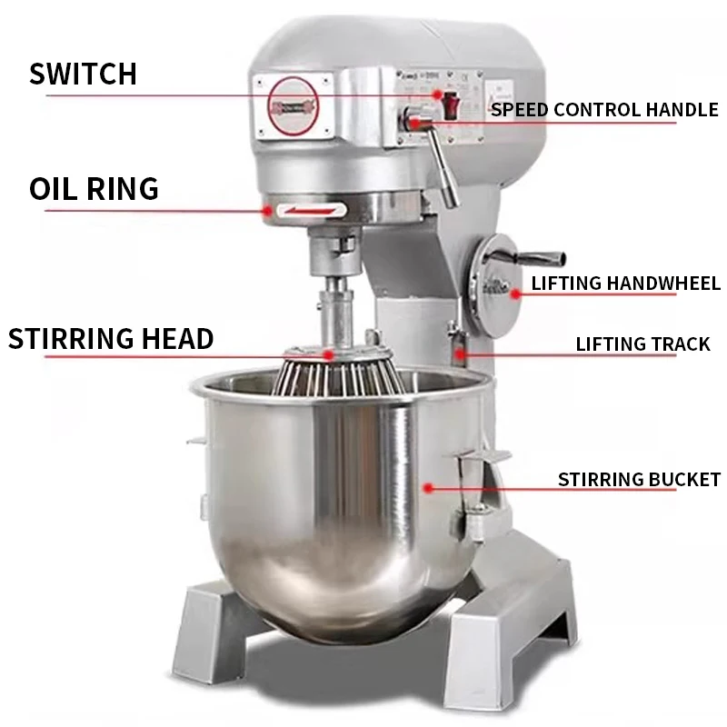 Commercial Food Mixer 20L 1100W 220V 3 Speeds Adjustable, with Stainless Steel Bowl Dough Hooks Whisk Beater