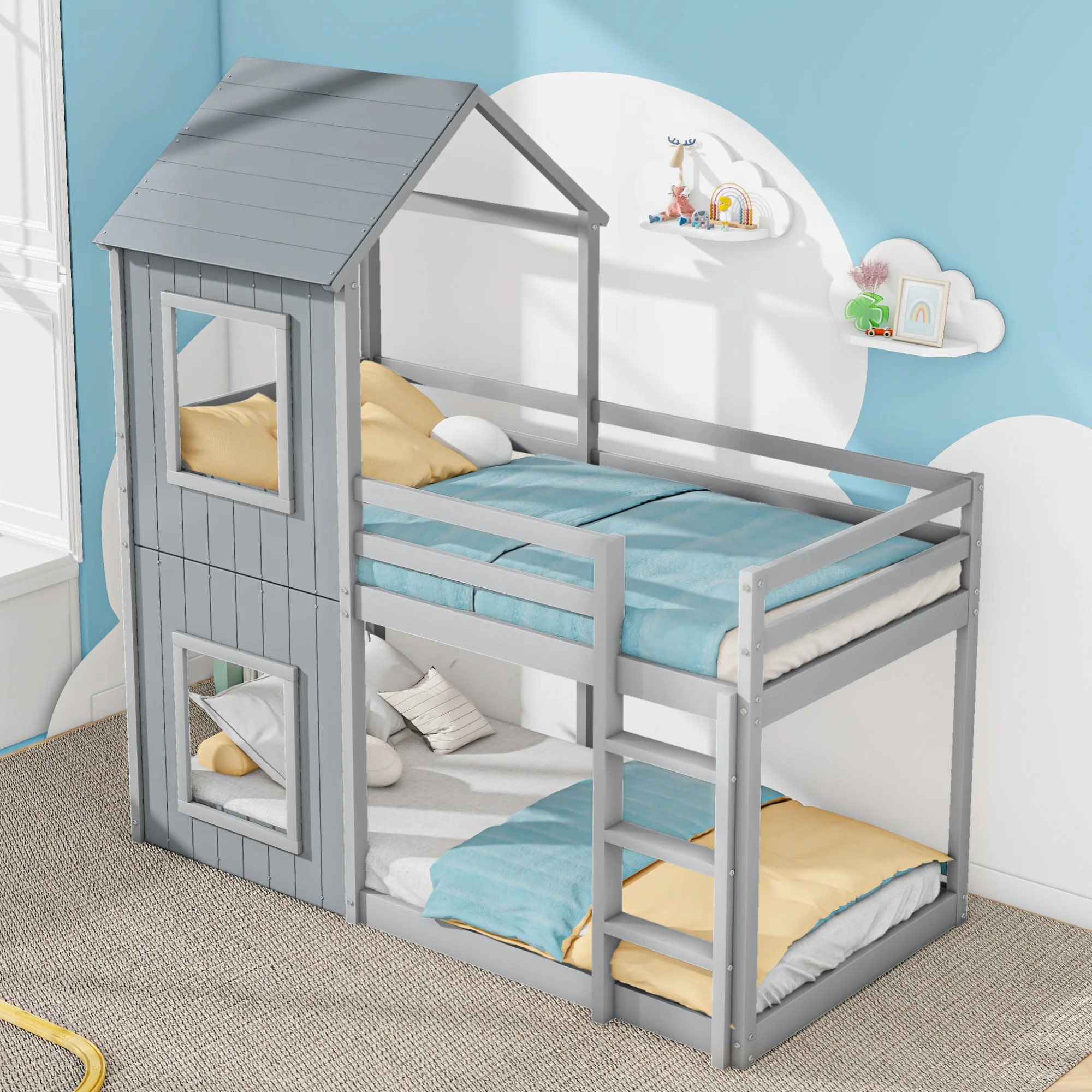 Bed 90x200 cm Grey Bunk Solid Wood Children Bed With Ladder & Canopy Floor Deep girls & Boys