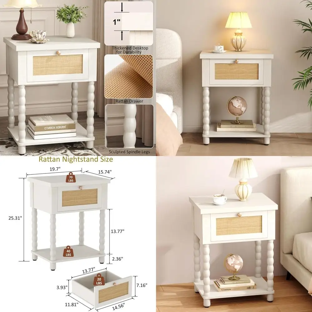 

White Oak Boho Nightstand, 20 Wide Drawer and Shelf Side Table for Small Spaces