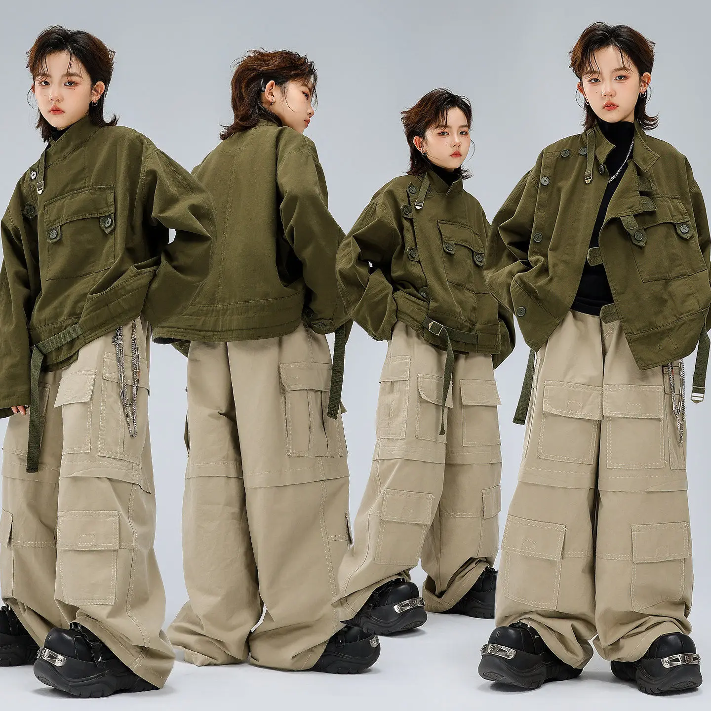 Kid Kpop Hip Hop Clothing Army Green Strap Cargo Jacket Khaki Multi Pocket Cargo Pants for Girl Boy Street Dance Costume Clothes