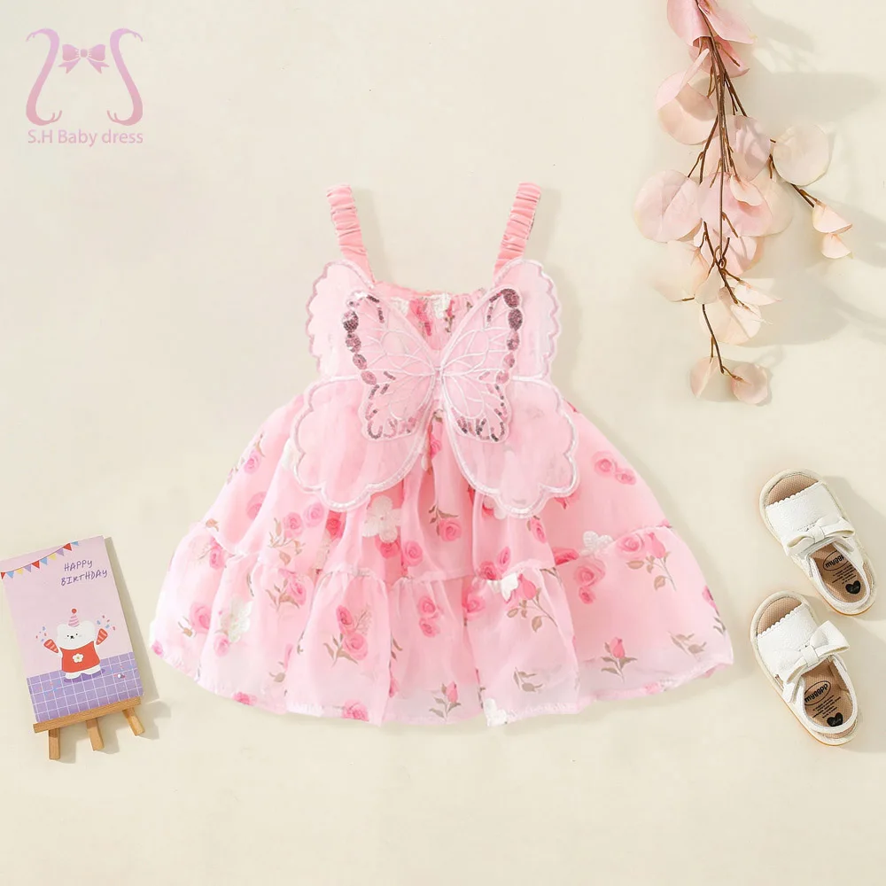 0-3 Y Butterfly Wings Princess Mesh Dresses Summer Baby Girl Sweet Flower Suspender Children's Clothes Kids Party Evening Dress