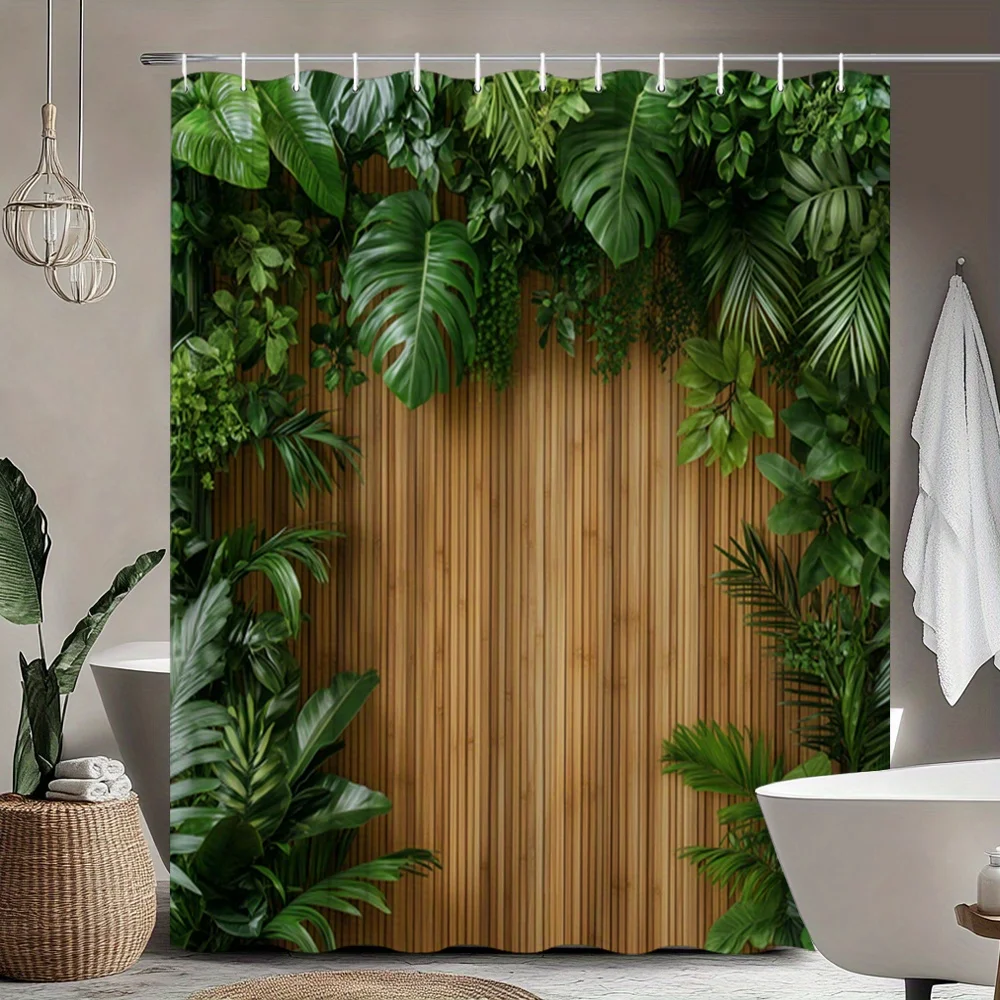 1pc 2D Flat Jungle Shower Curtain Monstera Ferns Palm Fronds Green Foliage Bathroom Decor 12 Hooks 70.8x70.8 Inches