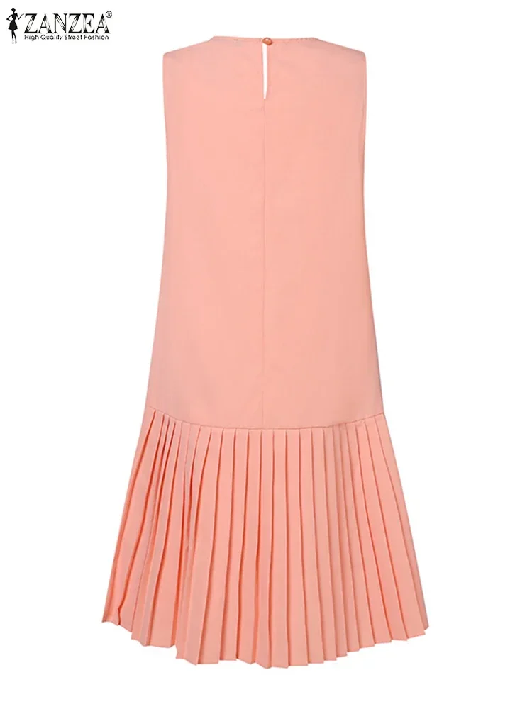 ZANZEA 2025 été sans manches plissé Mini robe femmes élégant fête réservoir robes dames décontracté couleur unie courte robe d'été