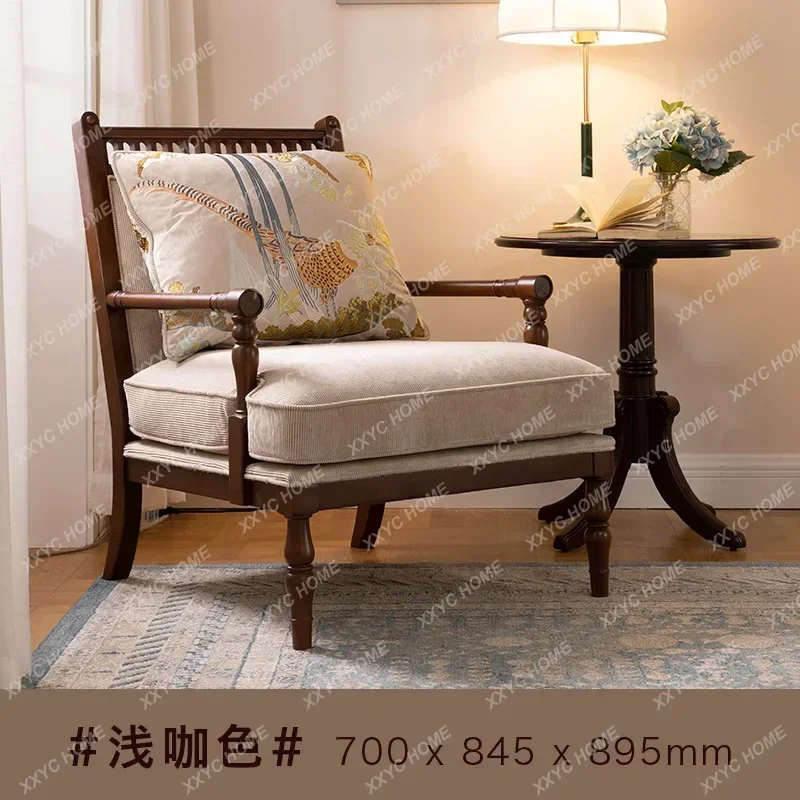 H  French Retro Solid Wood Single Sofa American Country Fabric Wingback Chair Casual Belt Armrest Chair