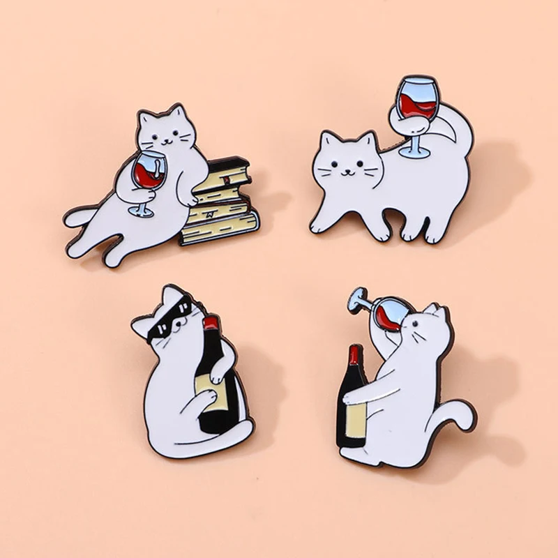 Cartoon Red Wine Cat Enamel Brooch Cute Cat Musician Colorful Wings White Kitten Metal Badge Punk Animals Lapel Pins Jewelry