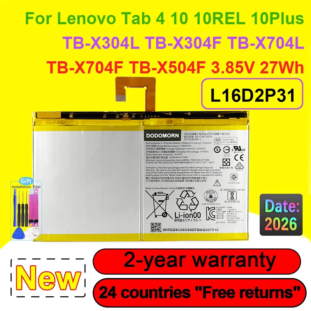 

L16D2P31 Battery For Lenovo Tab 4 10 10REL 10Plus TB-X304L TB-X704F X504F X504L X504F Series Tablet 1ICP3/84/94-2 3.85V 27Wh