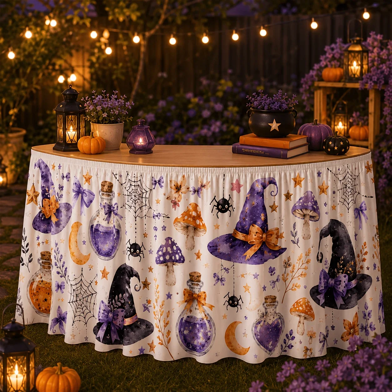One tablecloth, table skirt, watercolor witch hat, potion bottle, spider mushroom table cover.