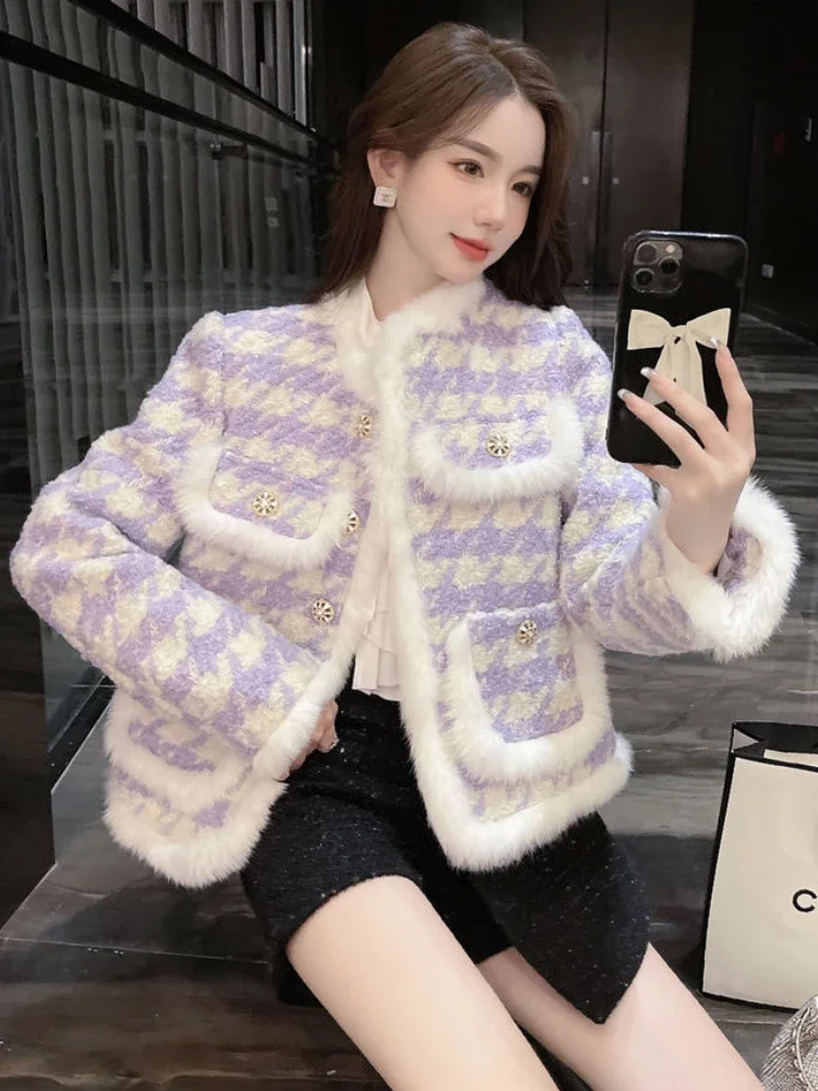 Women Cotton Short Coat Commuter Style Overshirt Thickened Jacket Autumn Winter Female Clothes Imitation Mink Fur Checkered Suit