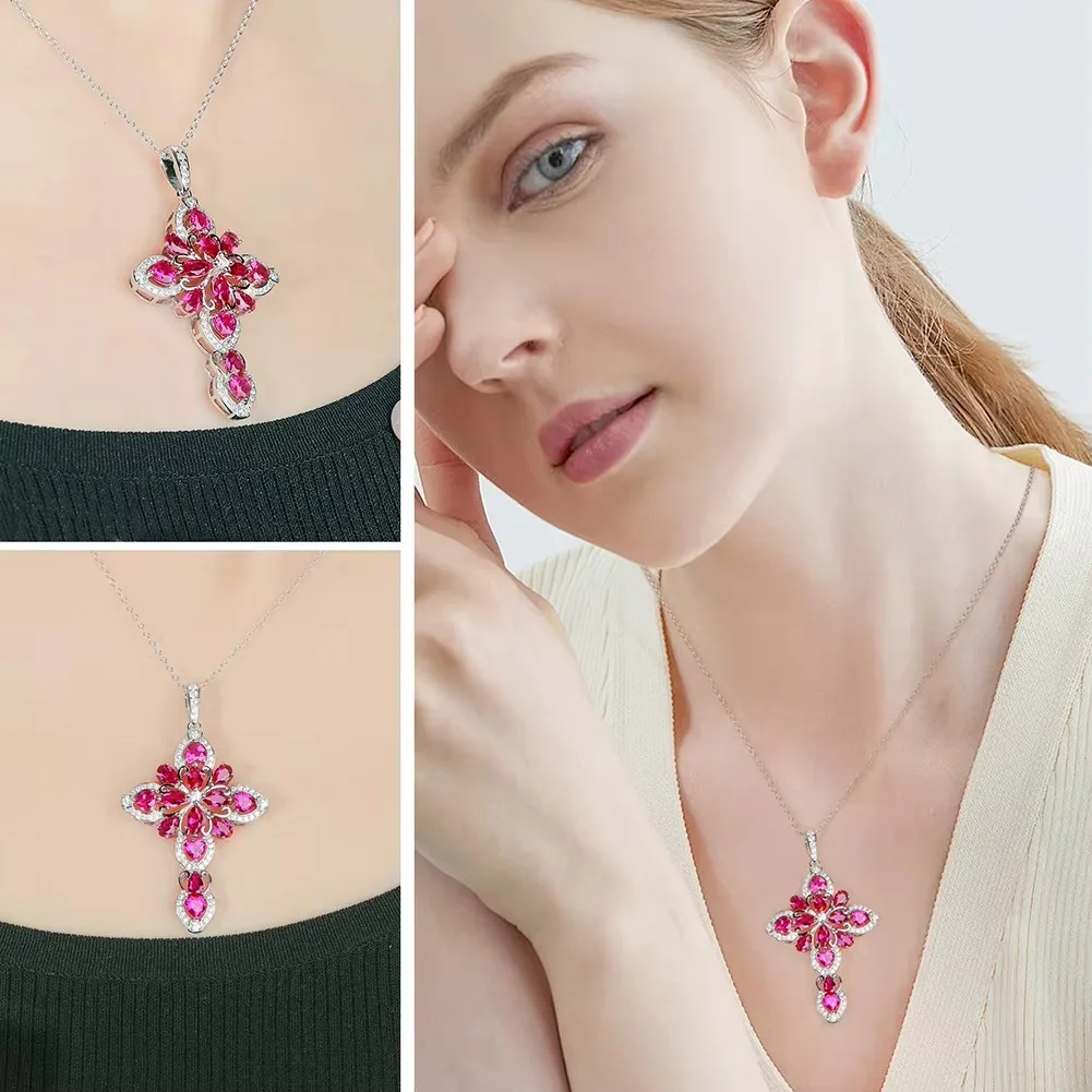 GZ ZONGFA Genuine 925 Sterling Silver Cross Pendant for Women  Created Ruby Big Cross Necklace Rhodium Plated Fine Jewelry