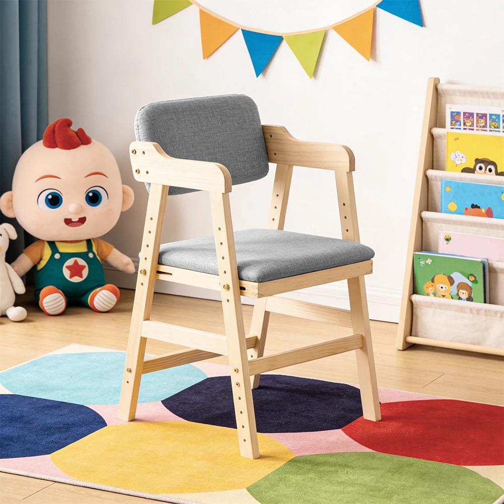 Silla alta, regulable en altura, para niños de 3 a 15 años, madera de pino, para comer y aprender, silla para adultos, rosa/gris/negro/beige