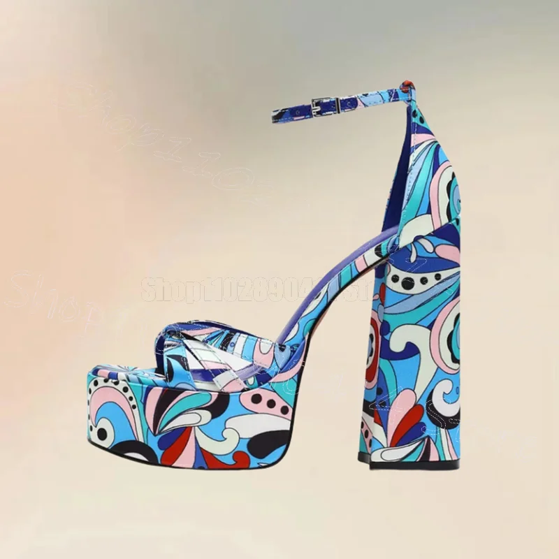 Colorful Graffiti Print Open Toe Platform Sandals Buckle Strap Women Shoes Chunky High Heels New Party 2025 Zapatos Para Mujere