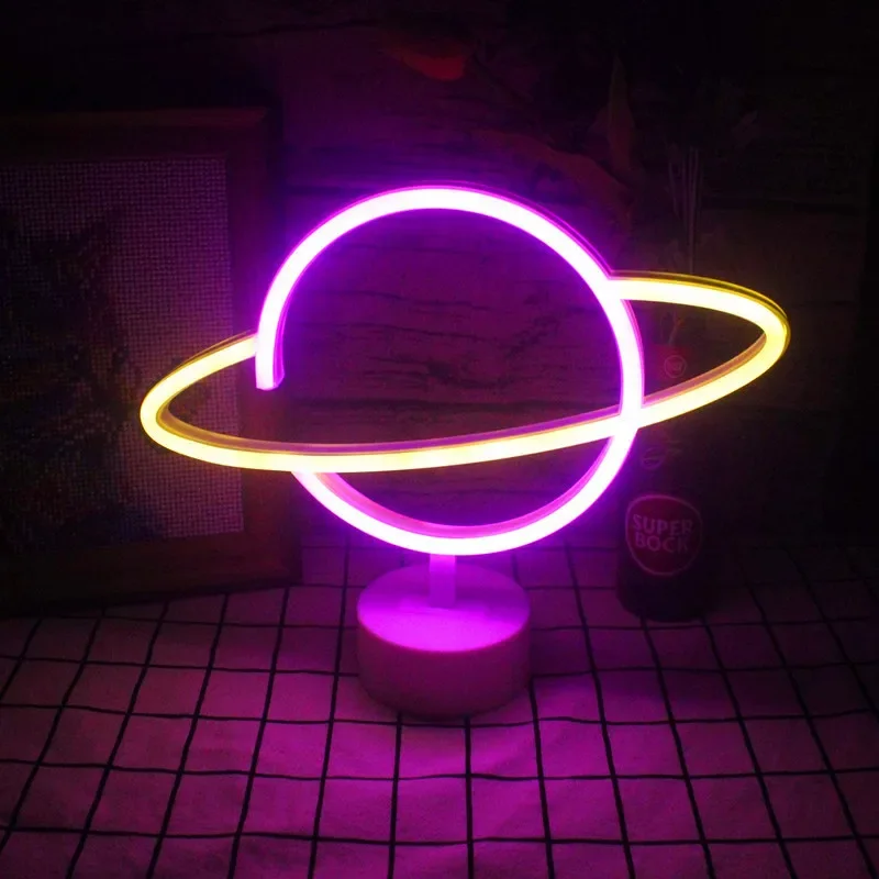 Planet LED Lights Neon Rocket Alien Bedroom Decor Night Lamp for Rooms Wall Art Bar Party Battery Powered with Stand