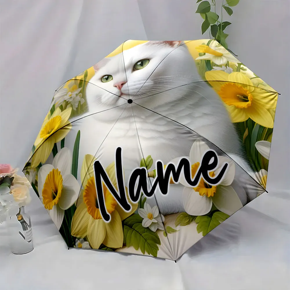Custom Name Personalized Cat Umbrella with Daffodil Design Print 8 Iron Ribs Folding Umbrella Auto-Open Fashion Sunshade