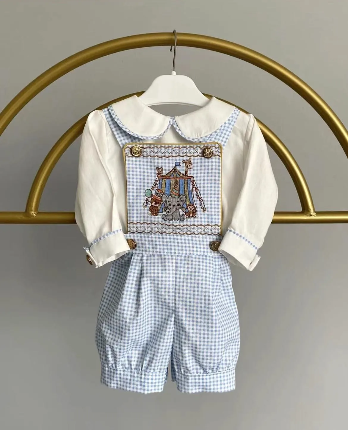 0-12Y Baby Girl Summer Blue Plaid Dumbo Embroidery Turkish Vintage Princess Dress Boy Suit for Birthday Easter Photography Eid