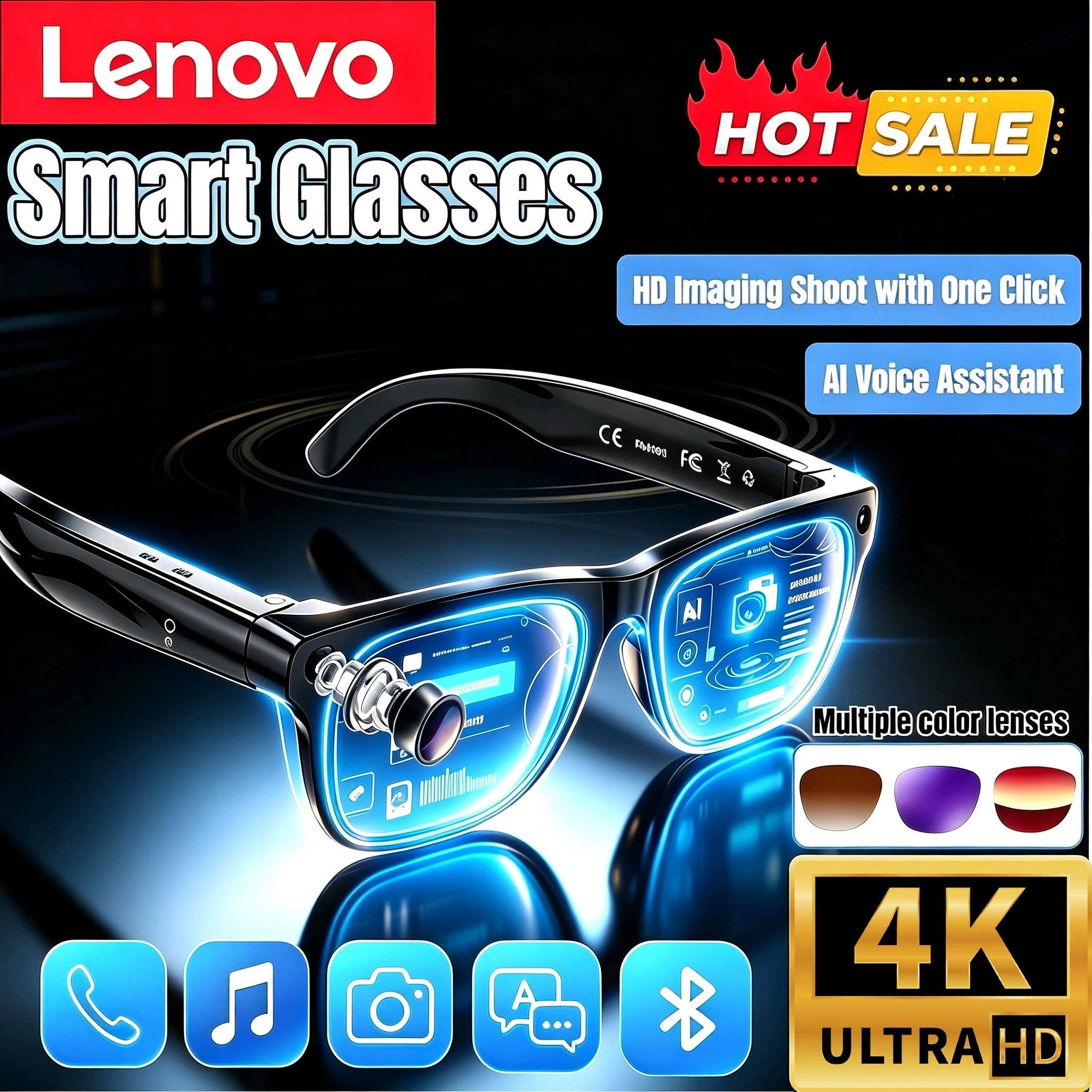 Smart Glasses Lens - Lenovo Akıllı AI Gözlükleri 800W HD