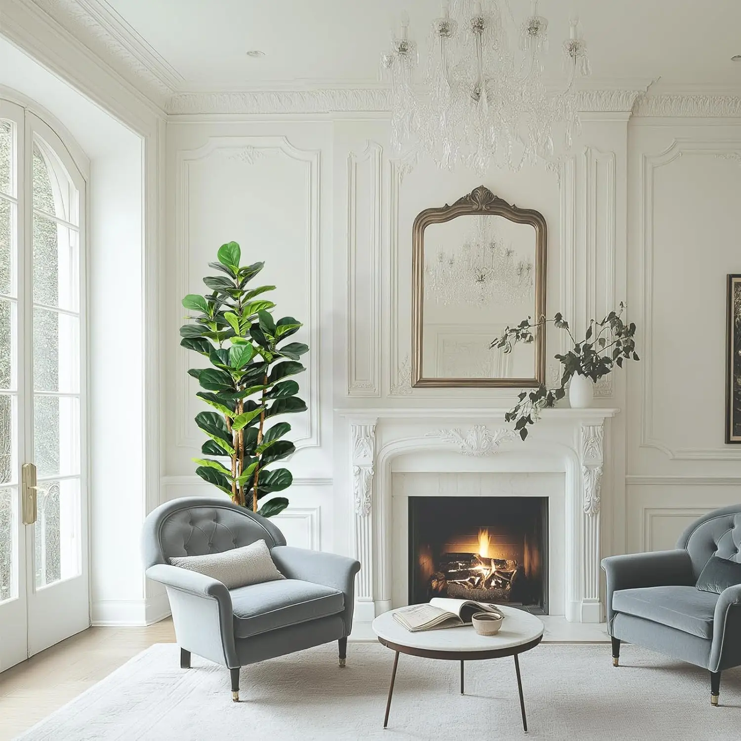 Faux Fiddle Leaf Fig Tree with White Pot, Faux Trees， with Artificial Plants  Fiddle Leaves Greenery - Lifelike Tree