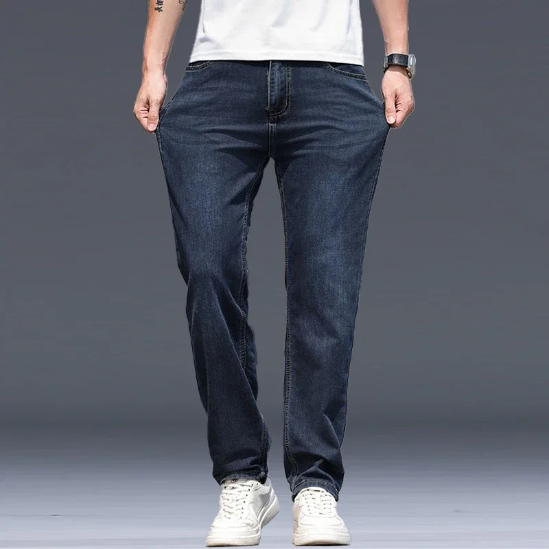 

Men Versatile Casual Blue Gray Jeans Male Spring Summer Loose Straight Leg Denim Pants Thin Breathable Embroidered Trousers